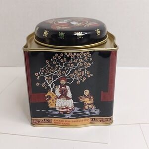 Vintage Asian Themed Tea Tin Black Metal Decorative Storage Container 4"